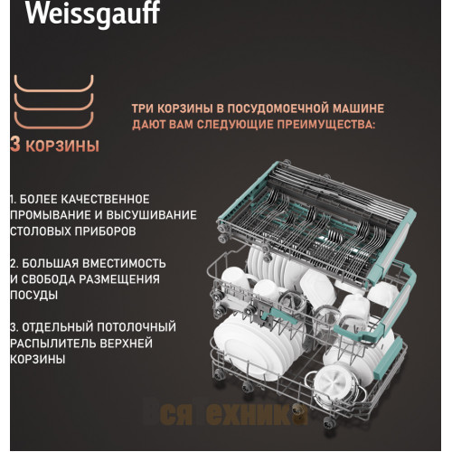 Встраиваемая посудомоечная машина с проекцией времени на полу, авто-открыванием и инвертором Weissgauff BDW 4575 D Inverter AutoOpen Timer Floor