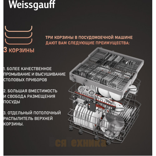 Встраиваемая посудомоечная машина с проекцией времени на полу, авто-открыванием и инвертором Weissgauff BDW 6190 Touch DC Inverter Timer Floor