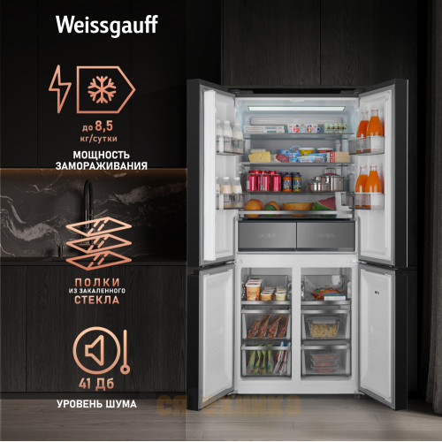 Отдельностоящий холодильник с инвертором Weissgauff WCD 590 NoFrost Inverter Premium EcoFresh Inox Glass