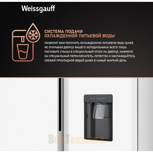 Отдельностоящий холодильник с инвертором и подачей воды Weissgauff WSBS 600 W NoFrost Inverter Water Dispenser