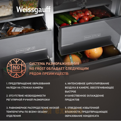 Отдельностоящий холодильник с инвертором Weissgauff WSBS 590 NoFrost Inverter Premium Rock Glass