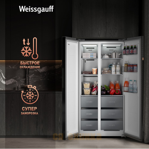 Отдельностоящий холодильник с инвертором Weissgauff WSBS 590 NoFrost Inverter Premium Dark Grey Glass