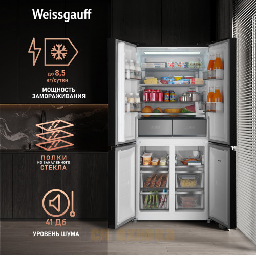 Отдельностоящий холодильник с инвертором Weissgauff WCD 590 Nofrost Inverter Premium EcoFresh Black Glass