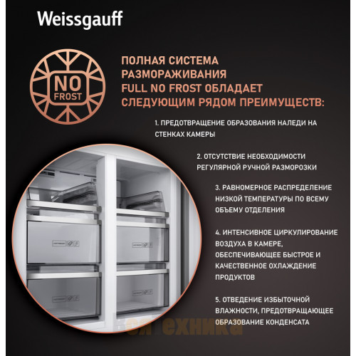 Отдельностоящий холодильник с инвертором Weissgauff WCD 590 Nofrost Inverter Premium EcoFresh Gold Glass