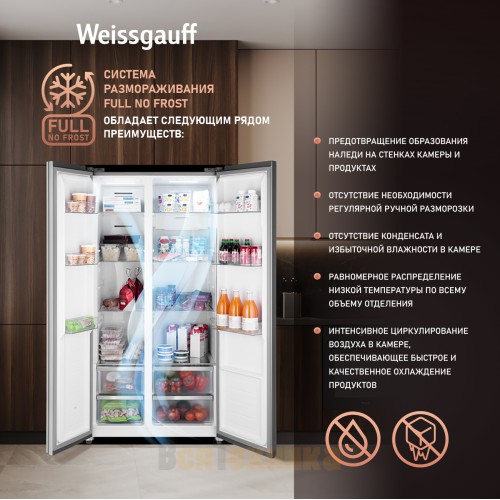 Отдельностоящий холодильник с инвертором Weissgauff WSBS 550 GRG Inverter NoFrost