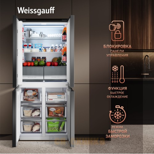 Отдельностоящий холодильник с инвертором Weissgauff WCD 450 Rock Glass NoFrost Inverter
