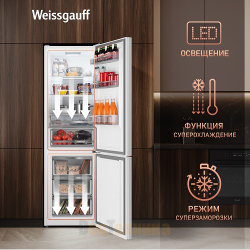 Отдельностоящий холодильник с инвертором Weissgauff WRK 2000 Total NoFrost Inverter White Rock Glass